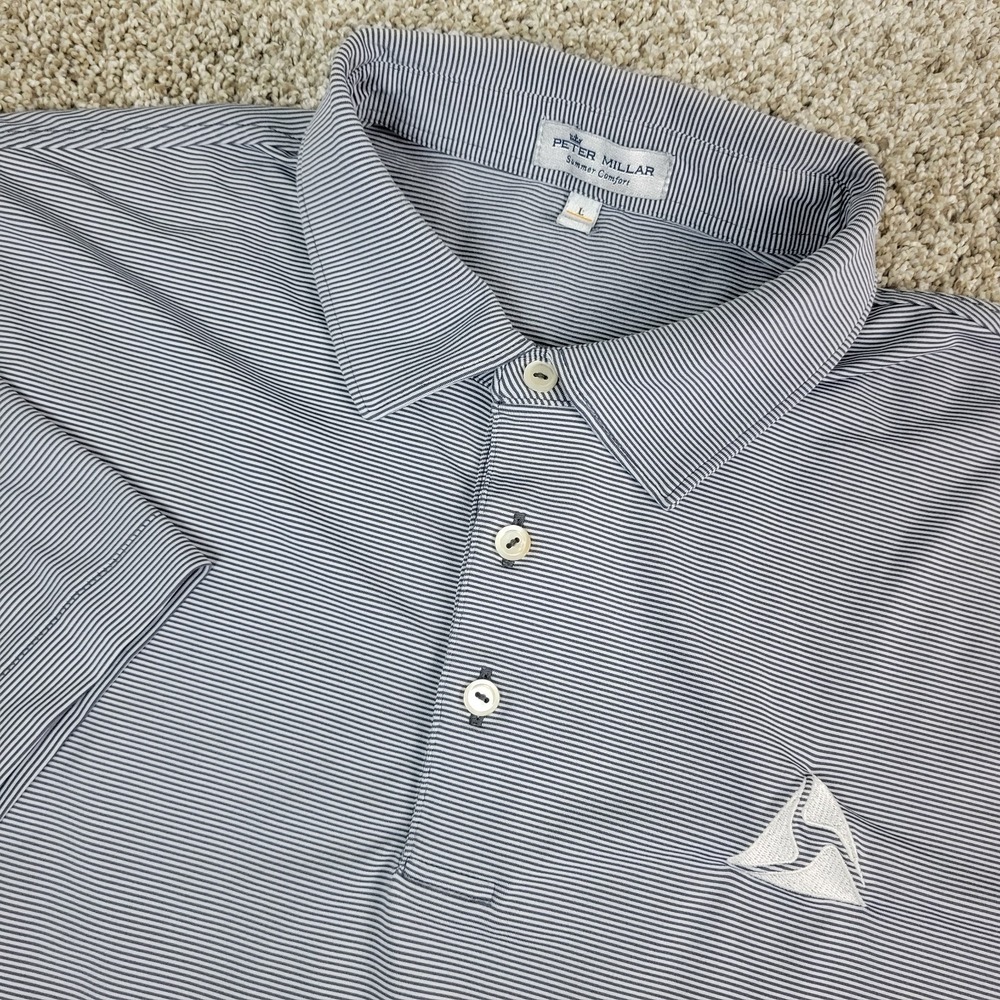 Peter Millar Summer Comfort Mens Large Gray Navy Striped Performance Golf Polo